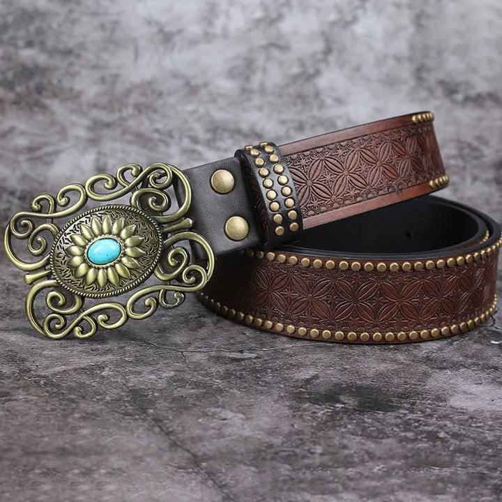 Men's Hollow Out Buckle Turquoise Inlaid Leather Belt