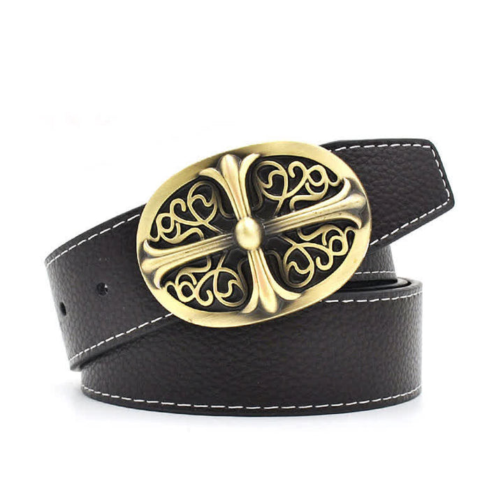 Men's Bronze Oval Carved Cross Buckle Leather Belt