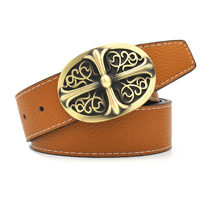 Men's Bronze Oval Carved Cross Buckle Leather Belt