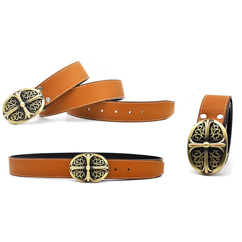 Men's Bronze Oval Carved Cross Buckle Leather Belt