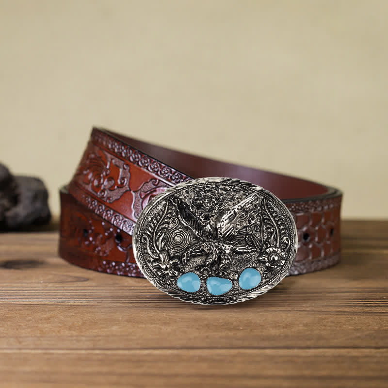 Men's DIY Horse Eagle Faux Turquoise Buckle Leather Belt