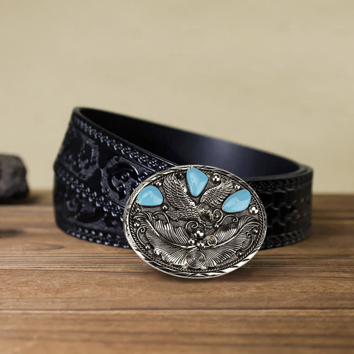 Men's DIY Horse Eagle Faux Turquoise Buckle Leather Belt