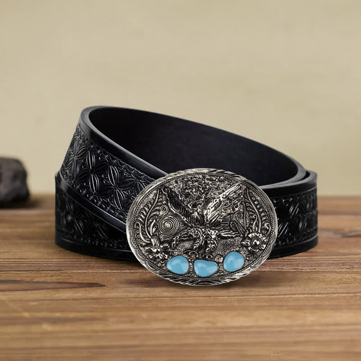 Men's DIY Horse Eagle Faux Turquoise Buckle Leather Belt