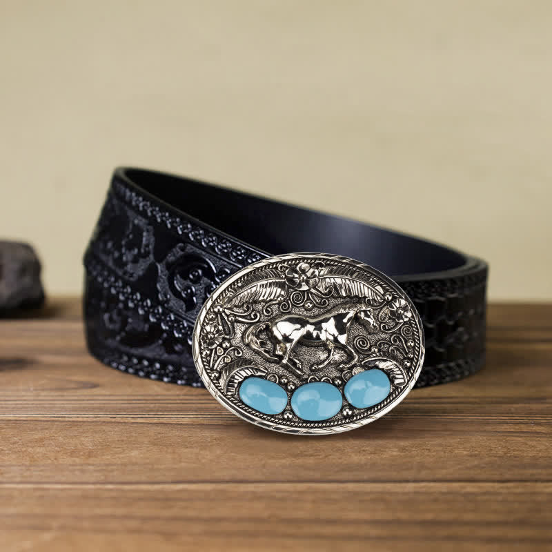 Men's DIY Horse Eagle Faux Turquoise Buckle Leather Belt