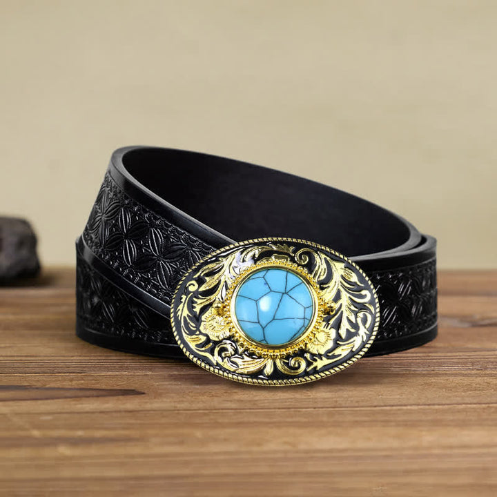 Men's DIY Gold Tone Faux Turquoise Ruby Buckle Leather Belt