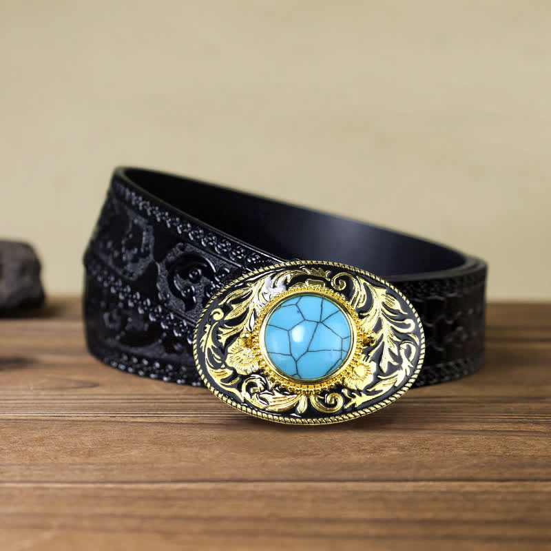 Men's DIY Gold Tone Faux Turquoise Ruby Buckle Leather Belt