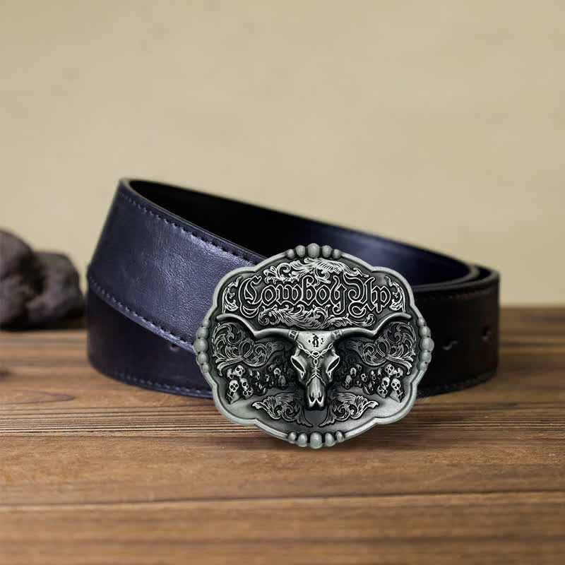 Men's DIY Cowboy Gothic Skull Bull Buckle Leather Belt