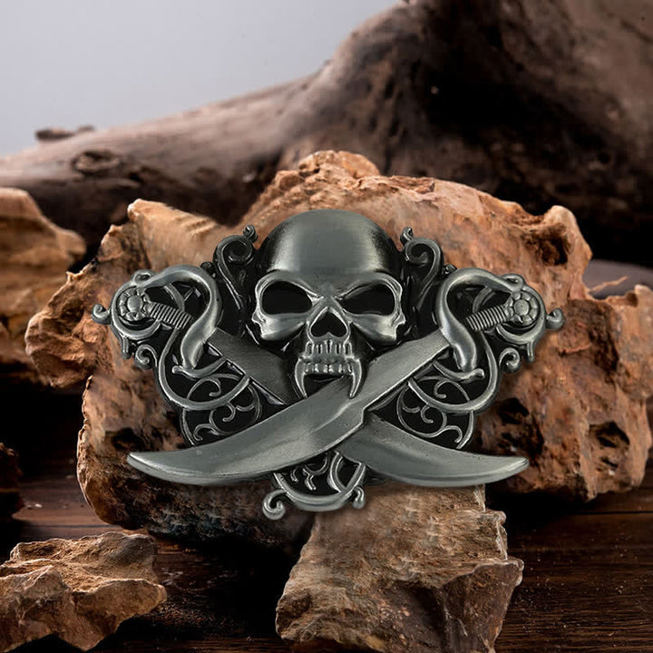 Men's DIY Double Swords Skull Ghost Buckle Leather Belt