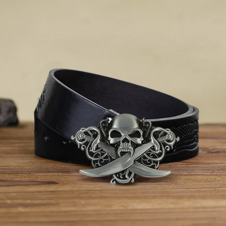 Men's DIY Double Swords Skull Ghost Buckle Leather Belt