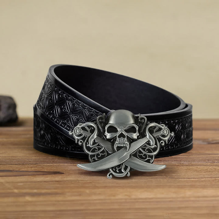 Men's DIY Double Swords Skull Ghost Buckle Leather Belt