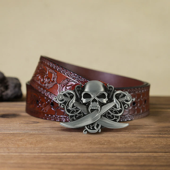 Men's DIY Double Swords Skull Ghost Buckle Leather Belt