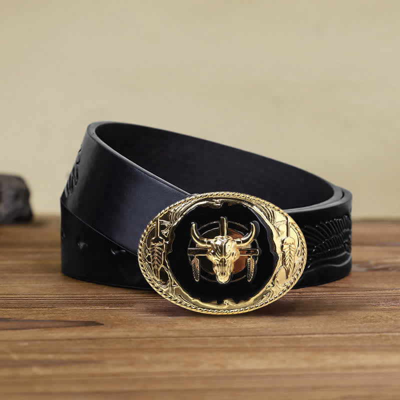 Men's DIY Gold Black Bull Head Buckle Leather Belt