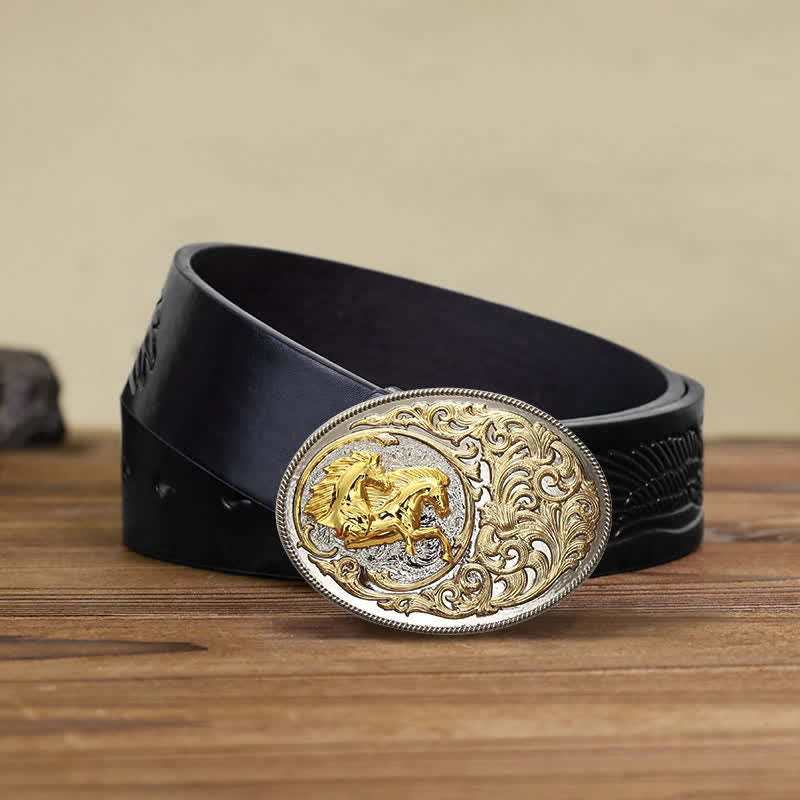 Men's DIY Luxury Gold Horse Head Buckle Leather Belt