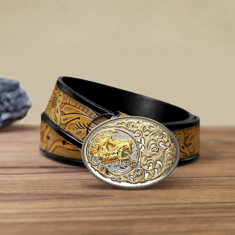 Men's DIY Luxury Gold Horse Head Buckle Leather Belt