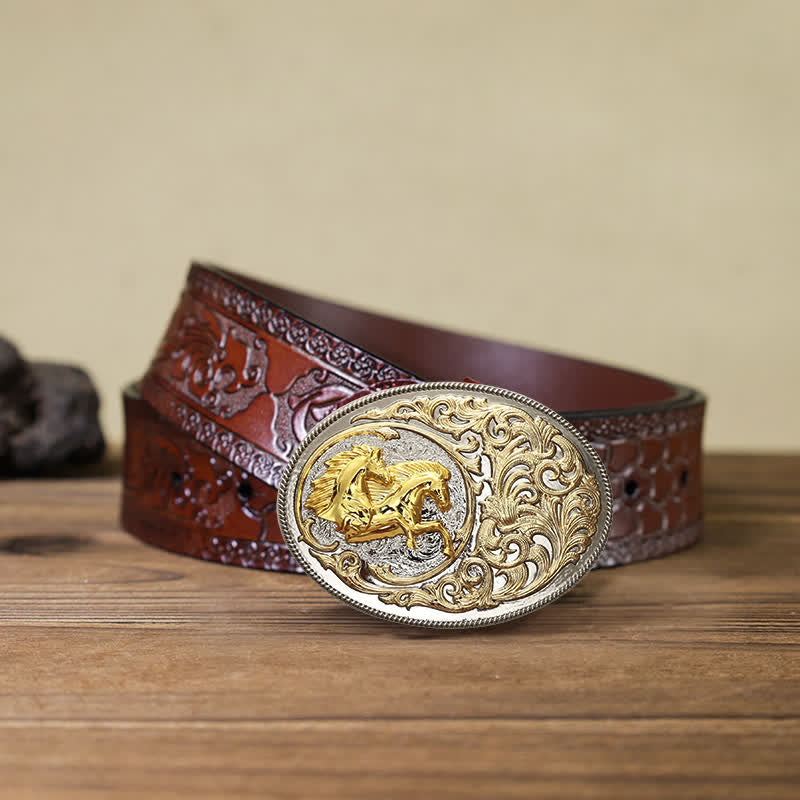 Men's DIY Luxury Gold Horse Head Buckle Leather Belt