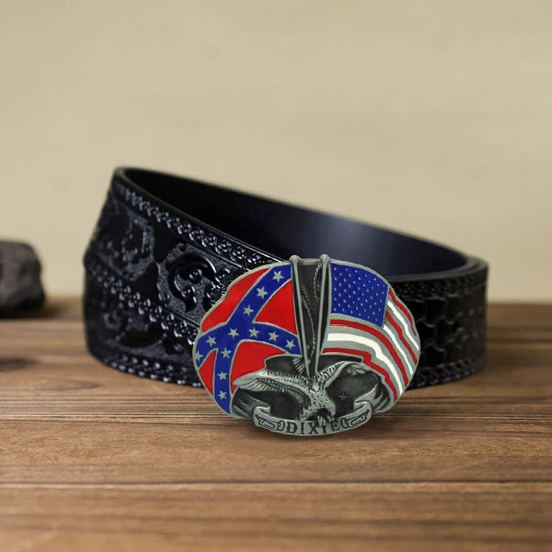 Men's DIY Eagle Double Flags Dixie Buckle Leather Belt