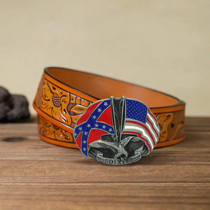 Men's DIY Eagle Double Flags Dixie Buckle Leather Belt