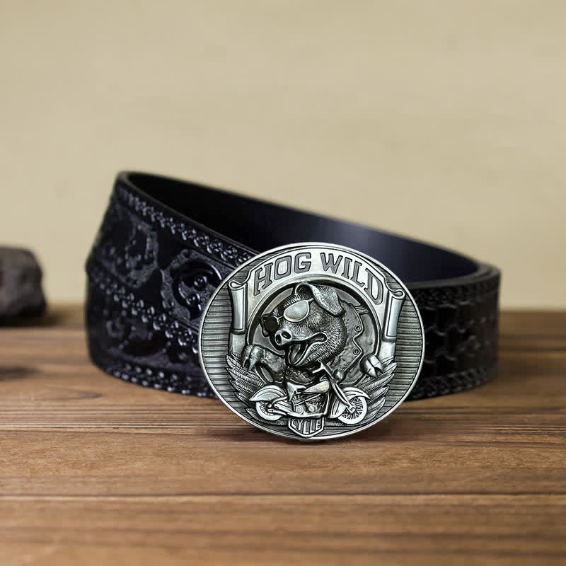 Men's DIY Hog Wild Motorcycle Pig Buckle Leather Belt