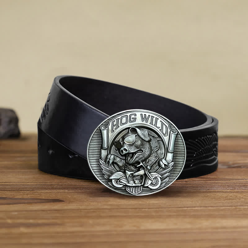 Men's DIY Hog Wild Motorcycle Pig Buckle Leather Belt