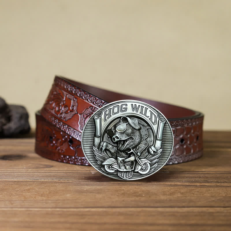 Men's DIY Hog Wild Motorcycle Pig Buckle Leather Belt