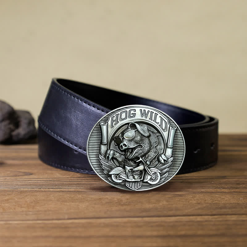 Men's DIY Hog Wild Motorcycle Pig Buckle Leather Belt