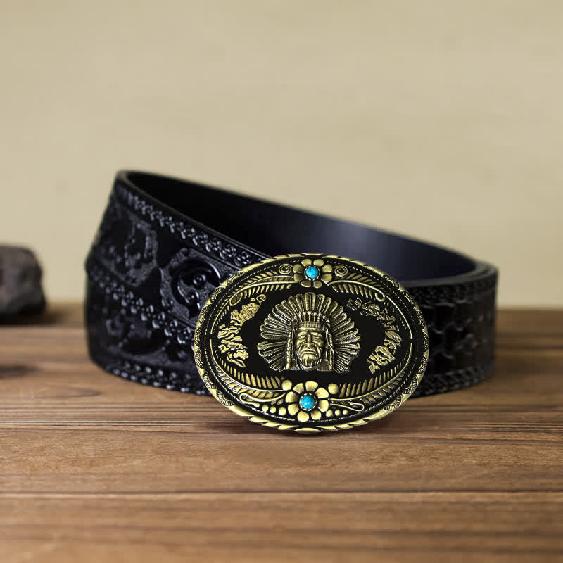 Men's DIY Indian Chief Turquoise Buckle Leather Belt