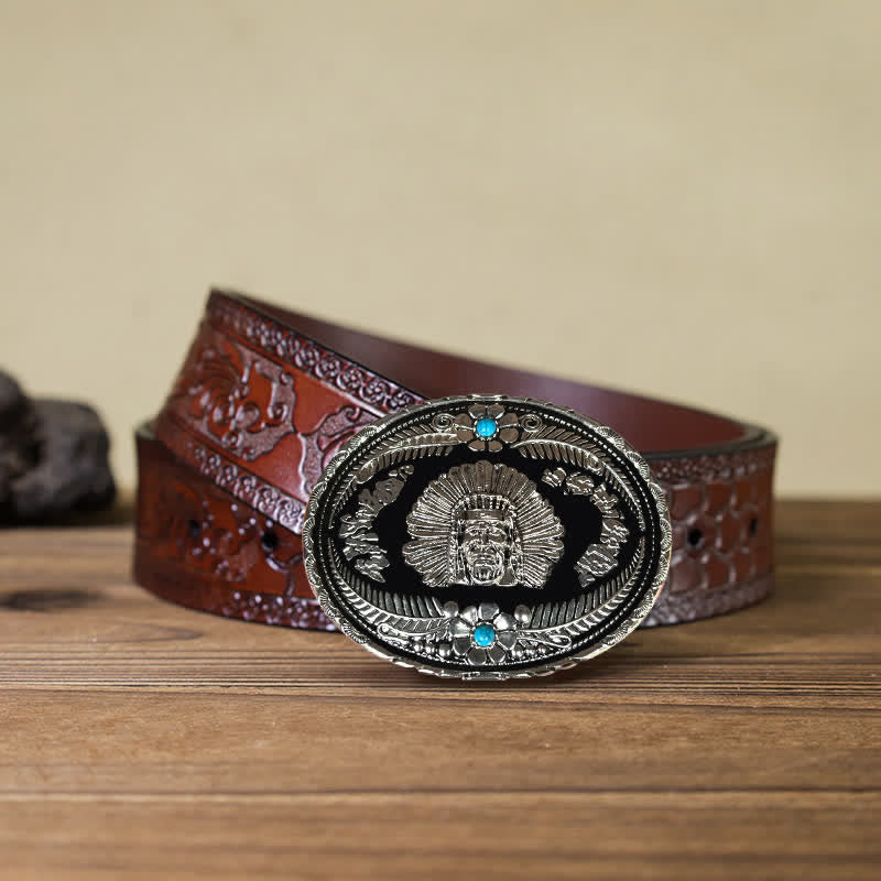 Men's DIY Indian Chief Turquoise Buckle Leather Belt