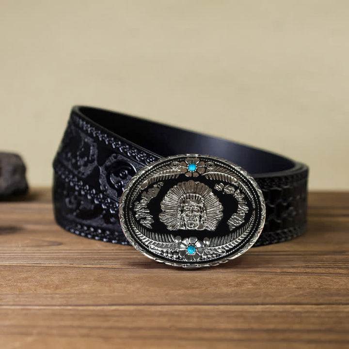 Men's DIY Indian Chief Turquoise Buckle Leather Belt