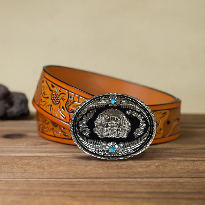 Men's DIY Indian Chief Turquoise Buckle Leather Belt