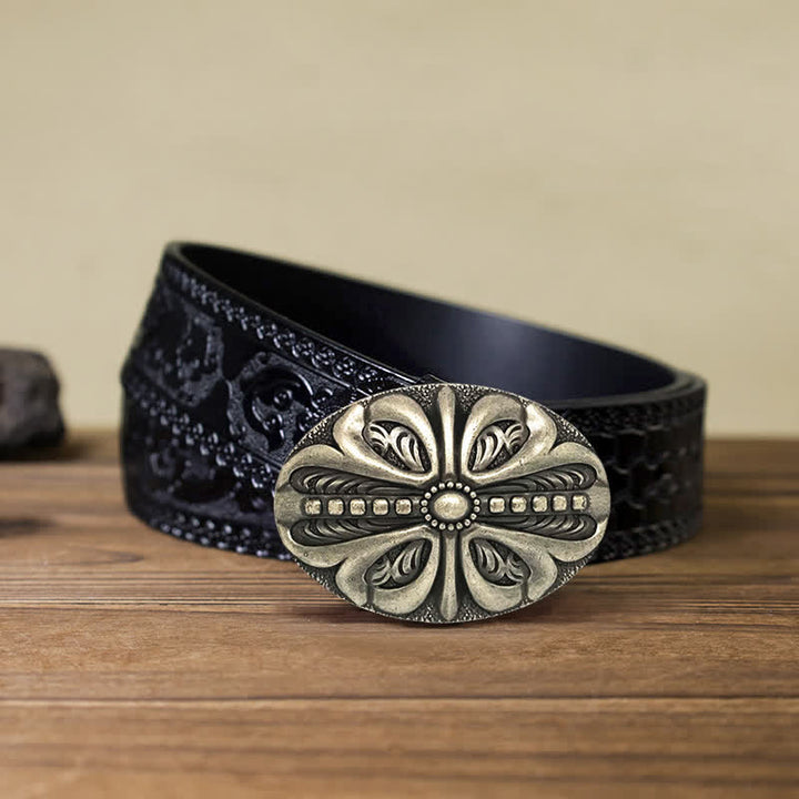 Men's DIY Middle Aged Cross Flower Buckle Leather Belt