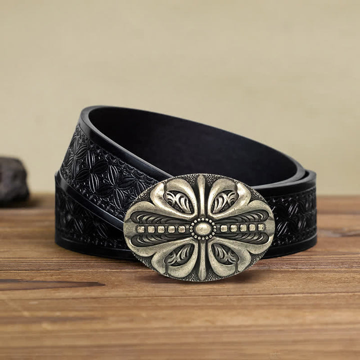 Men's DIY Middle Aged Cross Flower Buckle Leather Belt