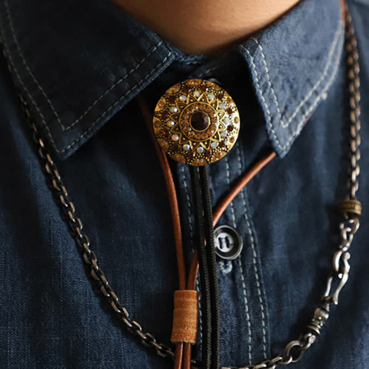 Sparkling Rhinestone Antique Gold Bolo Tie