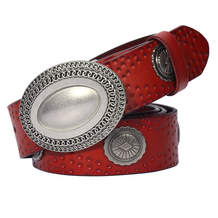 Men's Vintage Looking Oval Buckle Rivet Leather Belt