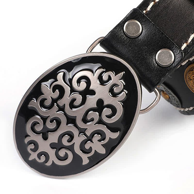 Men's Ethnic Carved Flower & Lion Head Rivet Leather Belt