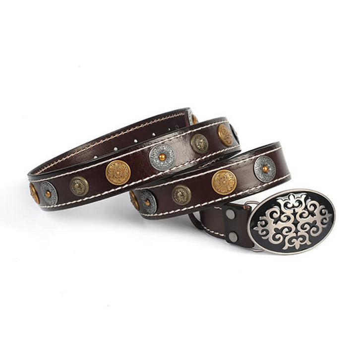 Men's Ethnic Carved Flower & Lion Head Rivet Leather Belt