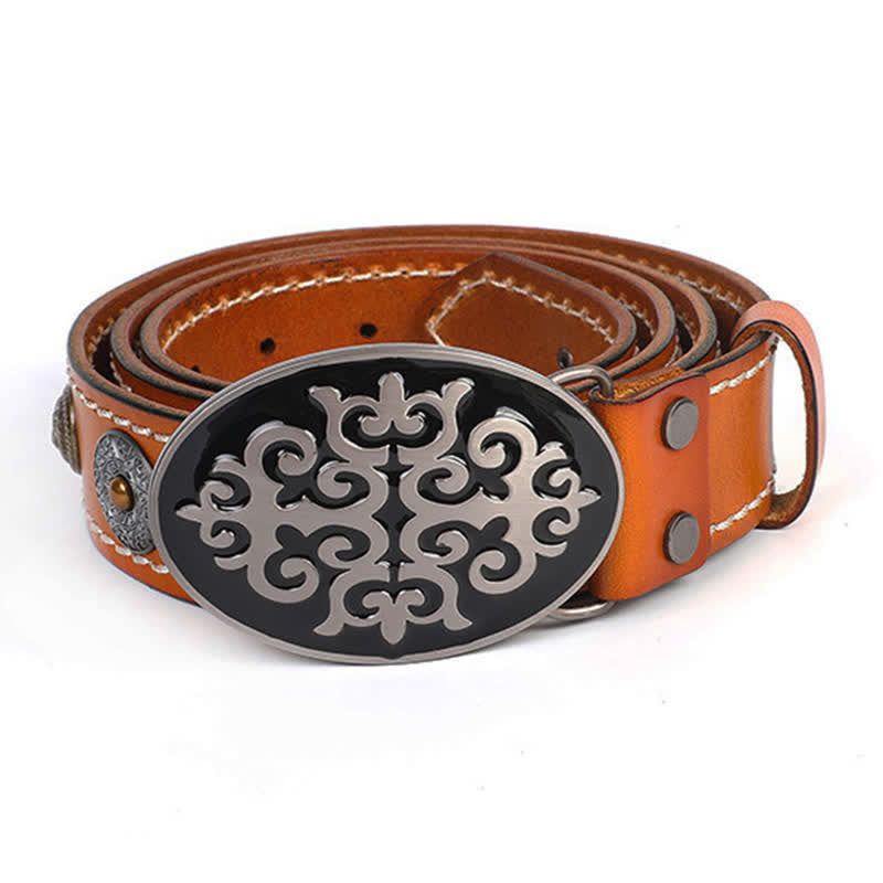 Men's Ethnic Carved Flower & Lion Head Rivet Leather Belt