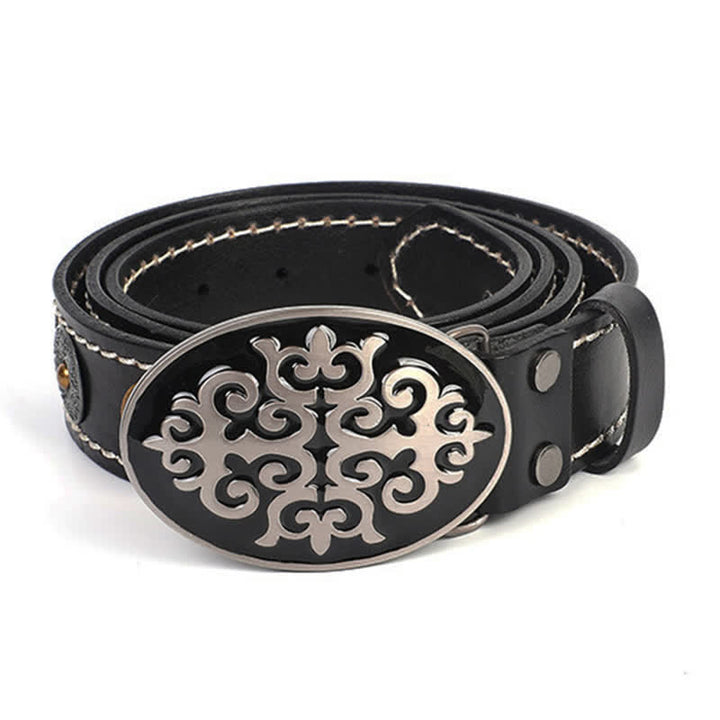 Men's Ethnic Carved Flower & Lion Head Rivet Leather Belt