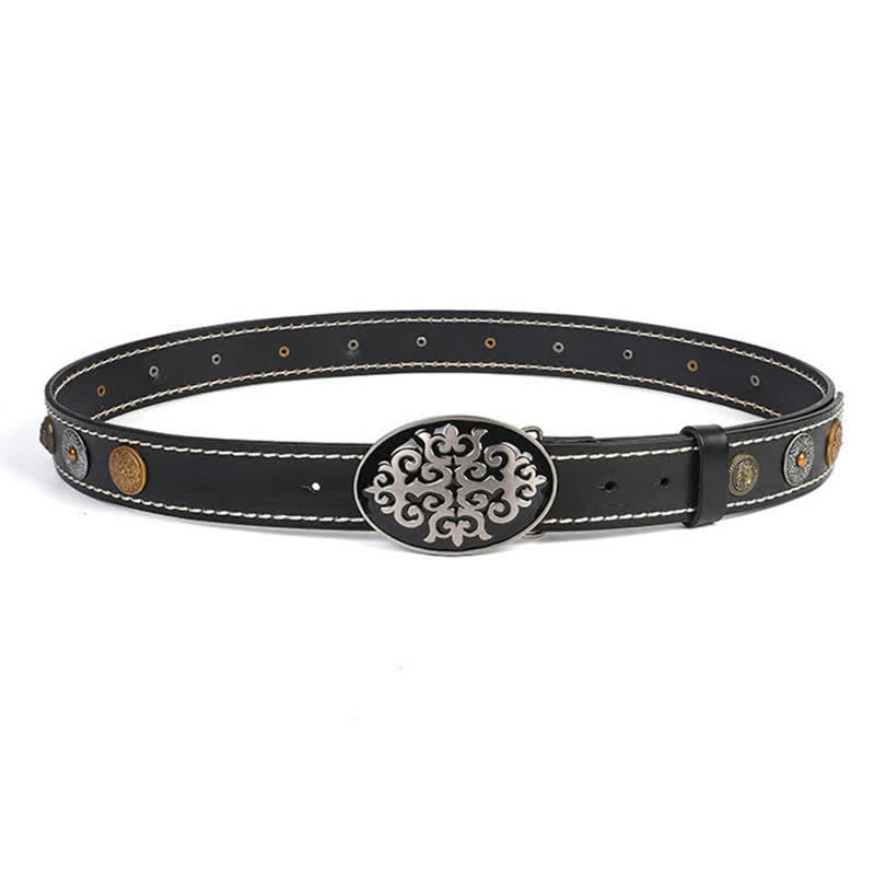 Men's Ethnic Carved Flower & Lion Head Rivet Leather Belt