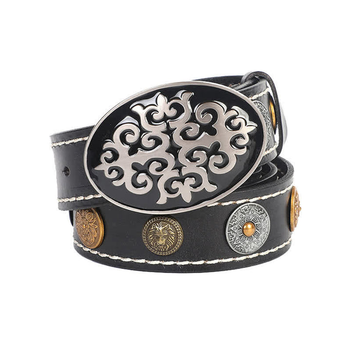 Men's Ethnic Carved Flower & Lion Head Rivet Leather Belt