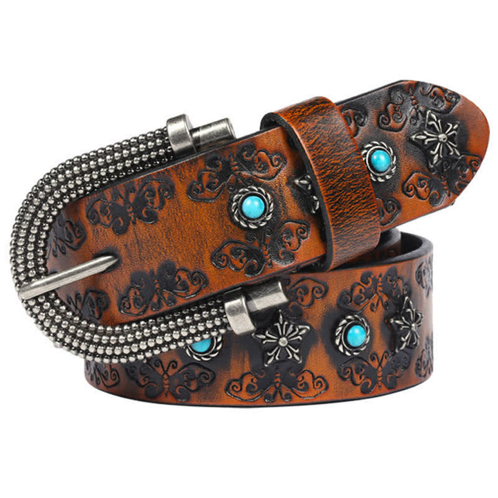 Men's Rivet Butterfly Carving Turquoise Inlay Leather Belt - Orange - 44 - image 0