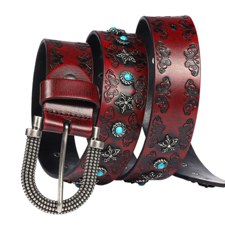 Men's Rivet Butterfly Carving Turquoise Inlay Leather Belt - image 5