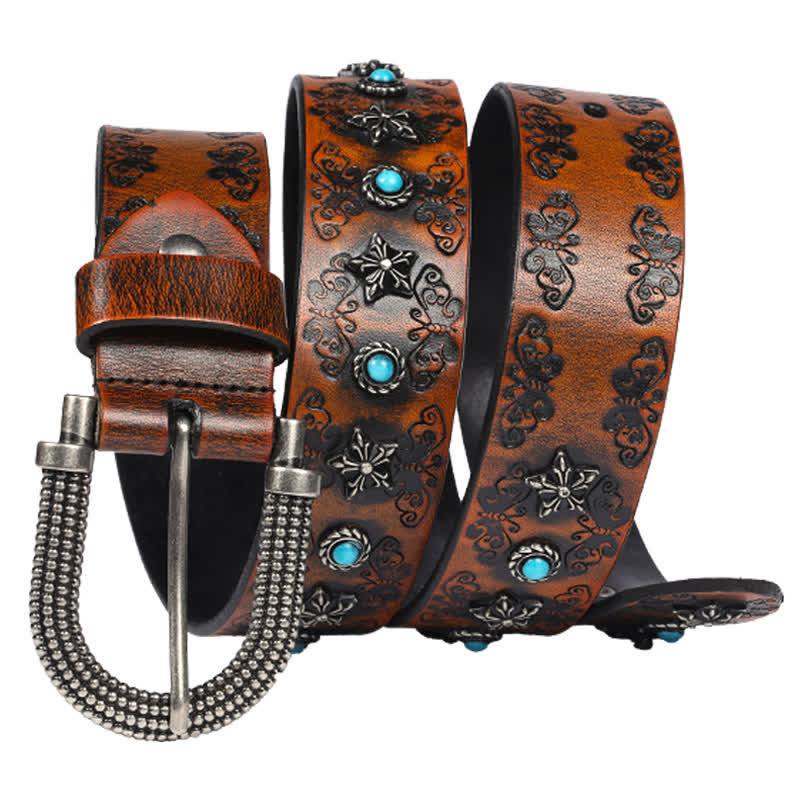 Men's Rivet Butterfly Carving Turquoise Inlay Leather Belt - image 1