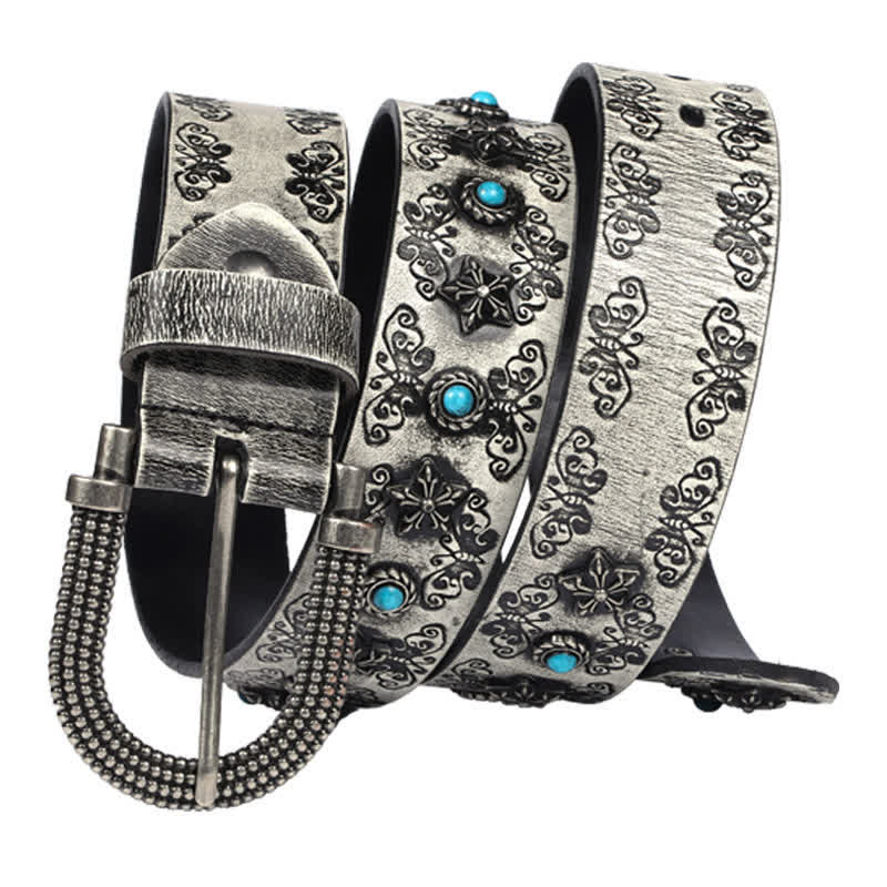 Men's Rivet Butterfly Carving Turquoise Inlay Leather Belt - image 10