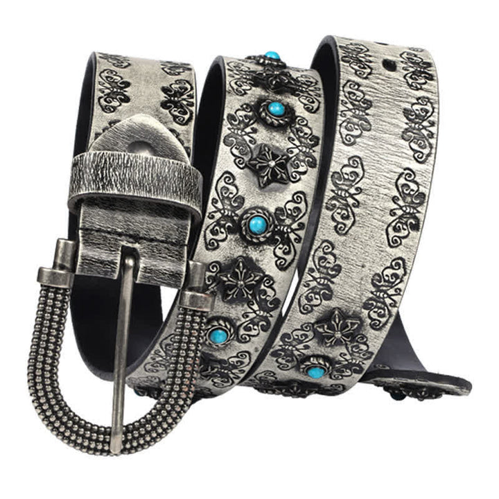 Men's Rivet Butterfly Carving Turquoise Inlay Leather Belt - image 10