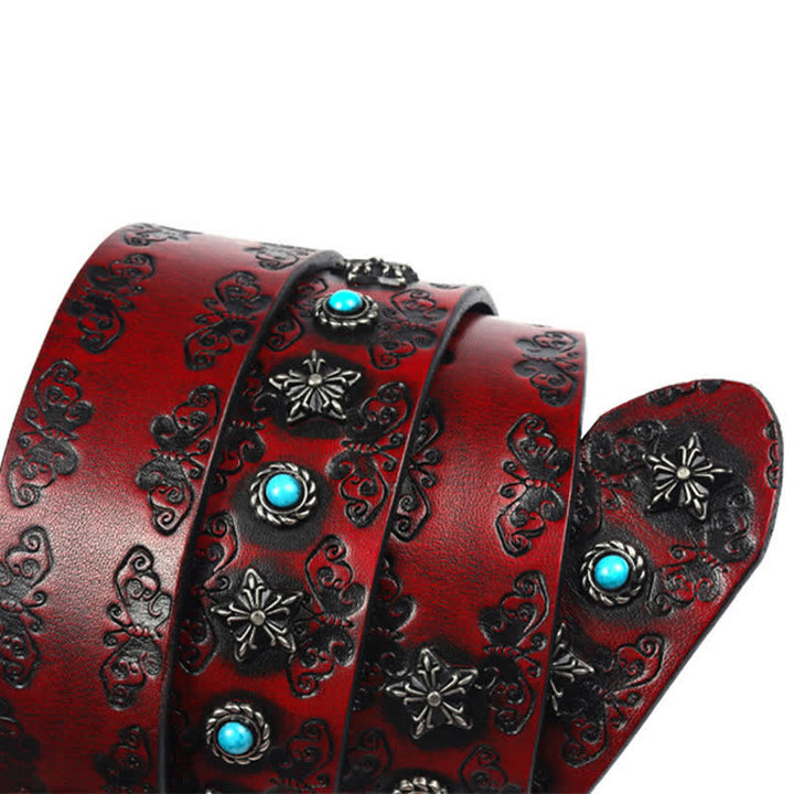 Men's Rivet Butterfly Carving Turquoise Inlay Leather Belt - image 8