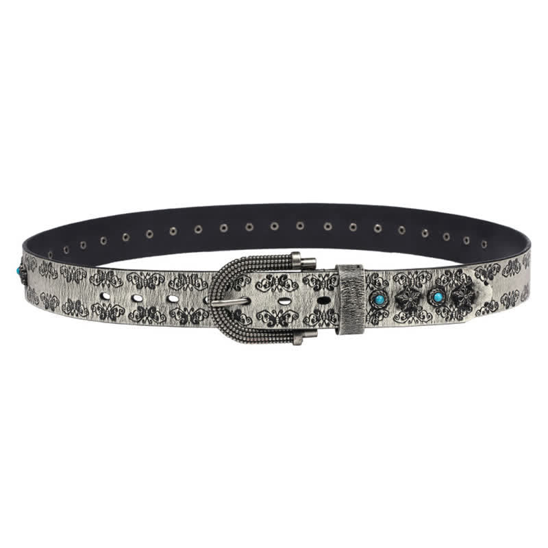 Men's Rivet Butterfly Carving Turquoise Inlay Leather Belt - image 12