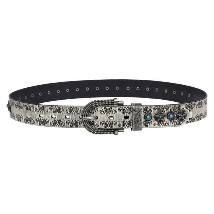 Men's Rivet Butterfly Carving Turquoise Inlay Leather Belt - image 12
