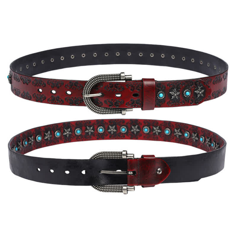 Men's Rivet Butterfly Carving Turquoise Inlay Leather Belt - image 6
