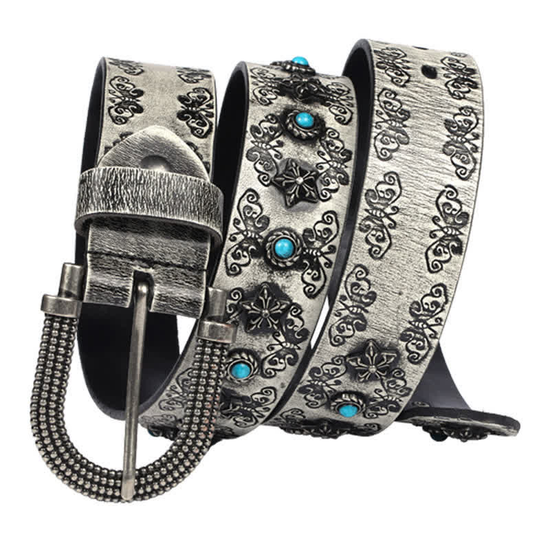 Men's Rivet Butterfly Carving Turquoise Inlay Leather Belt