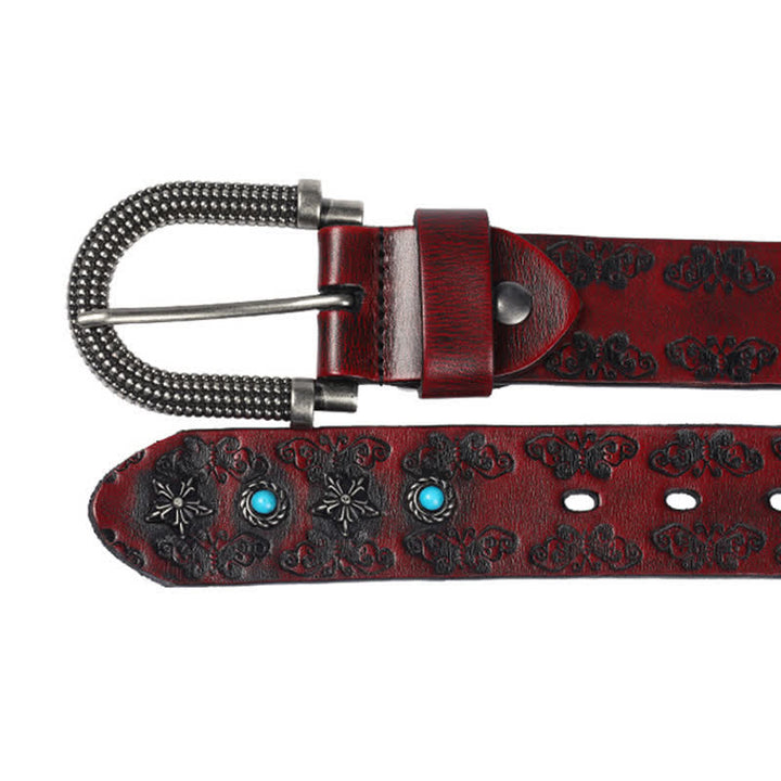Men's Rivet Butterfly Carving Turquoise Inlay Leather Belt - image 7